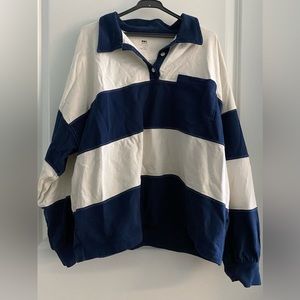 Madewell Striped Rugby Polo Shirt Navy Blue and White, L